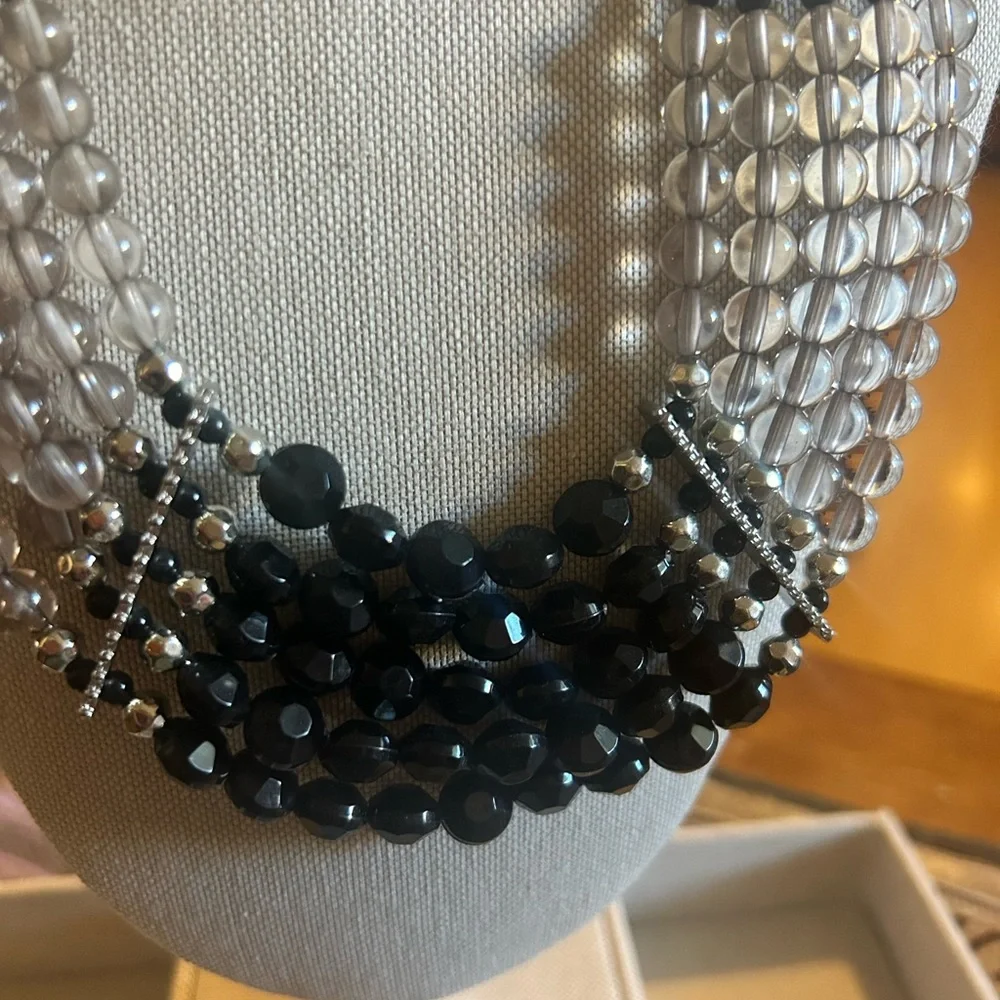 Vintage 5-Strand Multi-Facet Beaded Bib Statement Necklace Black Silver Clear